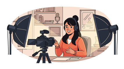 Modern flat vector illustration of beauty content creator recording video in home studio, ideal for influencer, streaming and online media themes