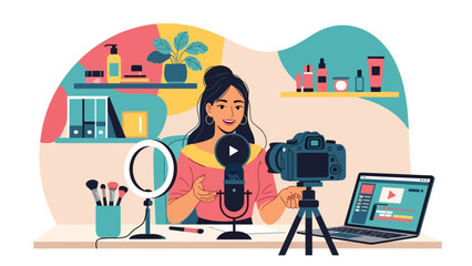Modern flat vector illustration of beauty content creator recording video in home studio, ideal for influencer, streaming and online media themes