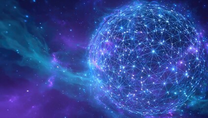 A digital, connected sphere in an expansive, swirling purple and teal cosmos