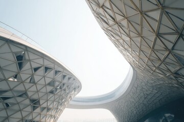 Architectural shot looking upward at futuristic, geometric buildings under a hazy, overcast sky