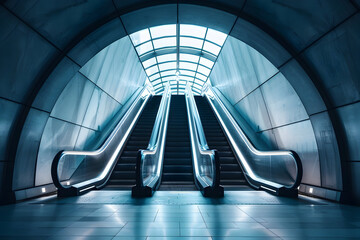 Fototapeta premium Sleek modern architecture featuring twin escalators in futuristic design