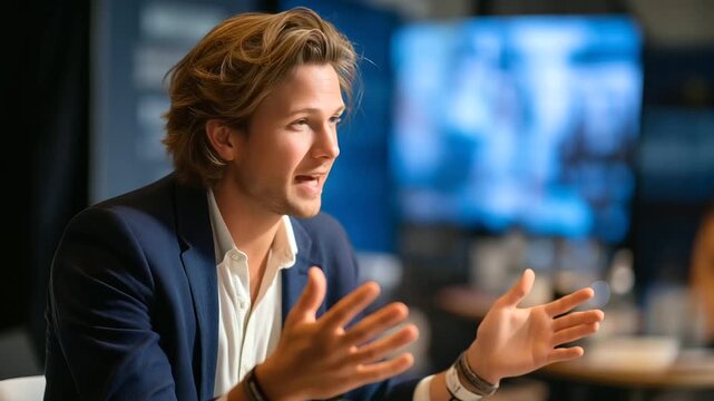 Startup founder discussing AI innovations faceless young Caucasian individual defocused stage background technology insights presentation future developments talk global event