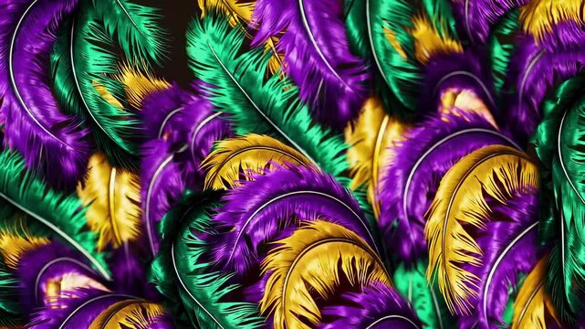 Colorful mardi gras feather pattern celebrating festive carnival spirit in vibrant purple, green, and gold. concept of festivity, joy, and cultural celebration