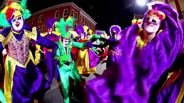 Festive mardi gras celebration with colorful costumes and dancing in vibrant street parade at night. concept of exciting festival, joyful tradition, cultural festivity