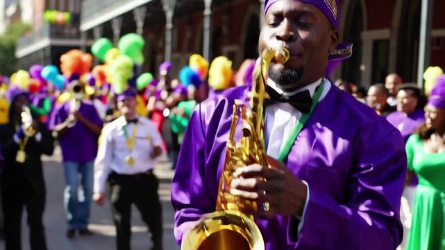 Brass band performing in colorful Mardi Gras street parade with musicians in purple costumes playing saxophones and trumpets. Concept of festive celebration, cultural tradition, music performance