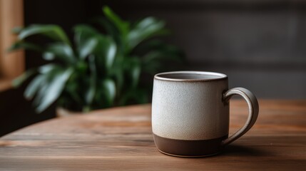 Ceramic mug on wooden table, close-up product photography, studio and natural lighting, plant in background, muted colors, simple design, high-resolution, professional photograph.