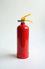 Obraz premium Red portable fire extinguisher with yellow handle and nozzle. Isolated on white background. Fire safety equipment for emergencies. Ready for use.