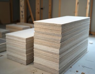 Stacks of white drywall panels sit on construction site floor. Building materials ready for interior wall assembly. Gypsum boards await installation inside unfinished house.