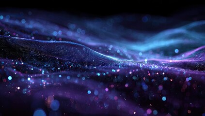 Abstract dreamy landscape with floating iridescent particles against dark background