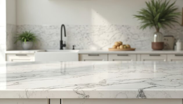 Modern white kitchen with marble countertop and island, sink, faucet, cabinets, and appliances. Natural light illuminates the clean, spacious area.