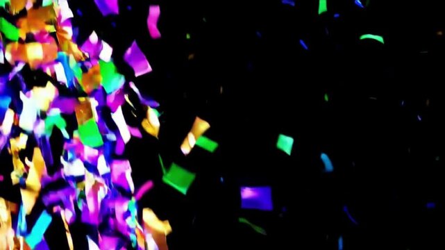 Colorful mardi gras confetti falling against black background. concept of festive celebration, carnival vibes, and joyful party atmosphere.