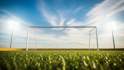 Soccer goal on a green field under stadium lights and blue sky