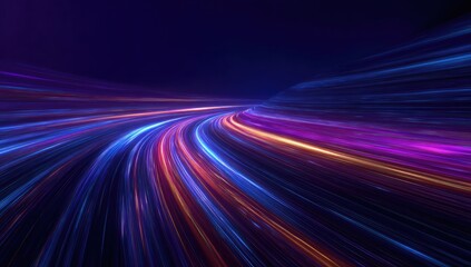 Abstract view of colorful, speeding trails flowing through the curvature of the landscape