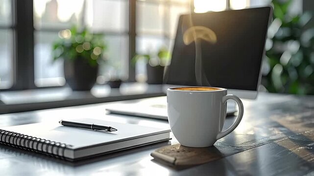 Close-Up Workspace With Notebook Pen Mug And Laptop Against Window Sunlight Bokeh Effect