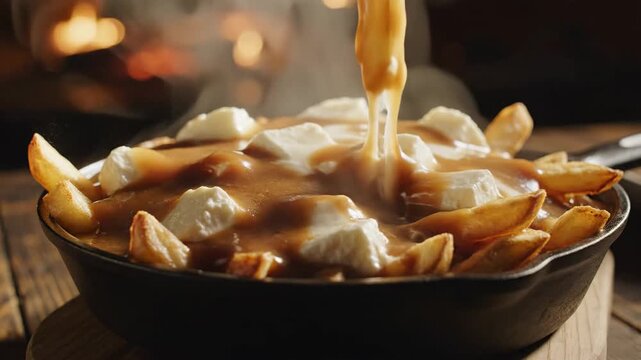 Warm Poutine with Cheese Curds and Gravy in Cast Iron Skillet