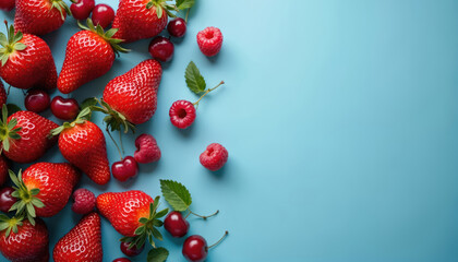 Assortment of fresh red strawberries cherries and raspberries scattered on bright blue backdrop. Healthy summer berries with green leaves are arranged artfully for vibrant natural food composition.