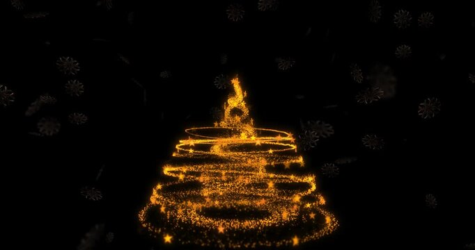 Beautiful Golden Particle Strokes Festive Christmas Tree Animation. Magic Particles, Copy Space, Graphics, Template, Abstract Background - 4K