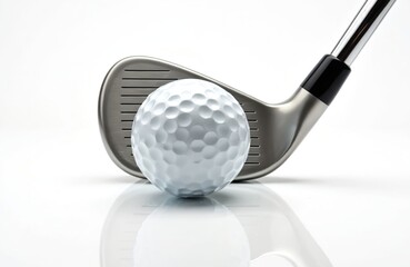 Silver golf club with white ball ready for a swing. Studio shot of golf equipment for sport game. Metal iron clubhead and dimpled sphere await hit.