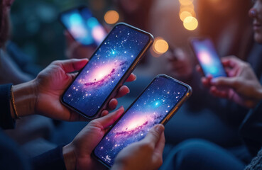 Hands hold smartphones showing galaxy wallpaper. People use mobile devices together, sharing content. Friends connect online, interacting with apps. Diverse group enjoys digital interaction,