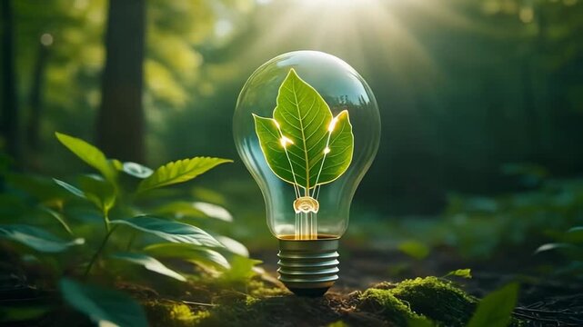 A light bulb containing vibrant green leaves, illuminated by natural sunlight in a lush forest environment, symbolizing eco-friendly energy and sustainability.