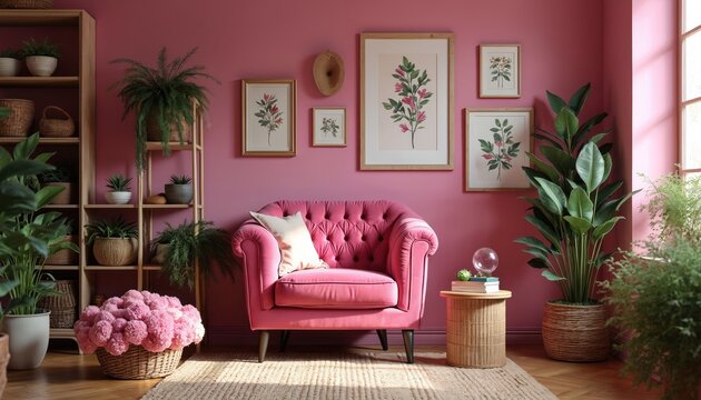 Elegant pink tufted armchair sits near plant filled shelves and botanical art. Cozy room interior with natural light, potted plants, and woven textures creates a calm, vibrant home setting.