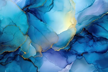 Naklejka premium Abstract artwork showcasing swirling blues, teals, and gold accents in a flowing, ethereal design