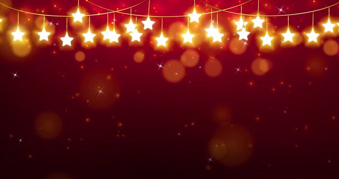 Abstract Shiny Glittered Gold Stars Christmas Red Background.