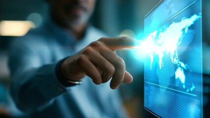 Technician engaging virtual interface displaying worldwide technical assistance network defocused digital background troubleshooting visualization remote diagnostics - Powered by Adobe