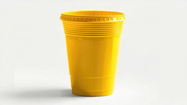 Video A bright yellow plastic cup sits alone on a table, perfect for holding small items or adding a pop of color to any setting