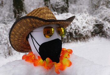 A snowman dressed in tropical accessories of straw hat, sunglasses, and bright lei, blending summer flair with snowy winter humor.