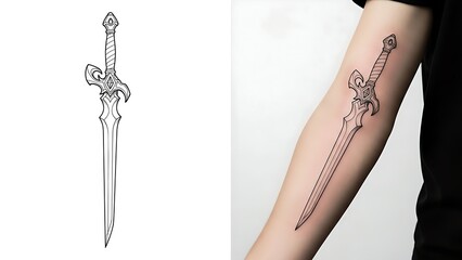 Elegant fantasy sword tattoo design, minimalist ornate blade line art illustration for forearm tattoo