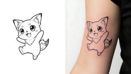 Cheerful chibi fox character tattoo design, cute anime animal mascot line art for playful arm tattoo