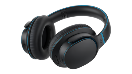 Black wireless gamer headphones with blue accents in sleek modern design isolated on white background high resolution PNG style premium gaming headset perfect for cutout product visuals 
