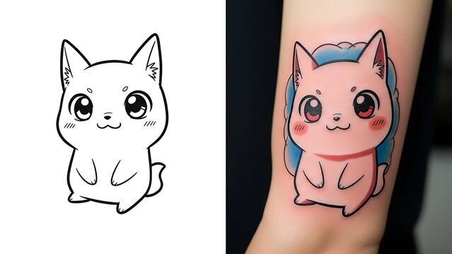 Adorable chibi cat tattoo design, cute kawaii animal character line art for small arm tattoo