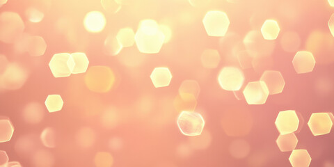 glowing hexagonal bokeh lights in warm peach sunset tones abstract festive background for holiday wallpaper or banner with ample copy space