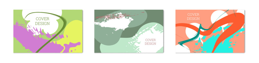 Paint strokes and geometric elements. Set of 3 multi-colored backgrounds. Notebook or notebook cover design. Unusual creative background.