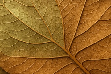 Closeup dry leaf macro with rich texture detailed veins from moss green to brown shades
