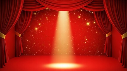Red Velvet Stage Curtains with Spotlight and Stars
