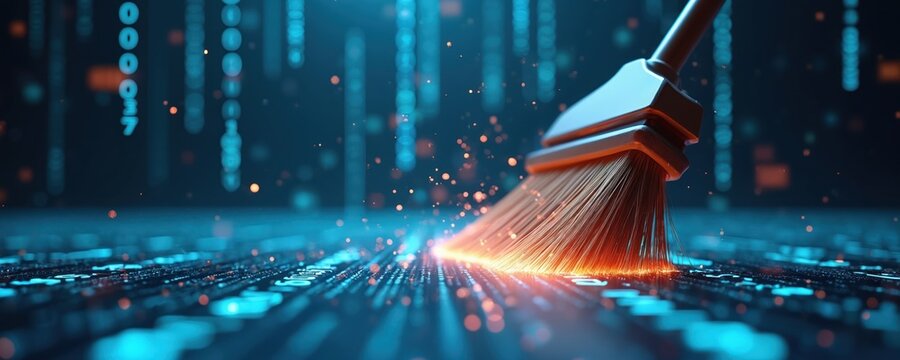 Broom sweeps digital code. Data cleaning concept. Binary streams glow with orange sparks. Tech background for data security. Future process in cyberspace. - Powered by Adobe