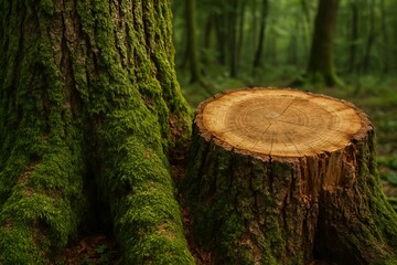 Closeup of mossy oak trunk showing old wood texture and nature background