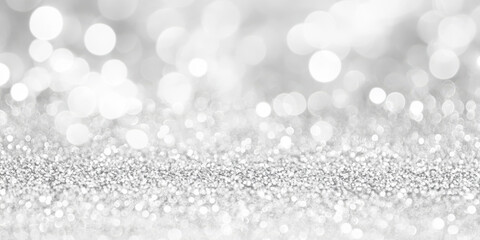 ethereal silver glitter cascade shimmering in soft bokeh glow for festive wallpaper or luxury banner backdrop