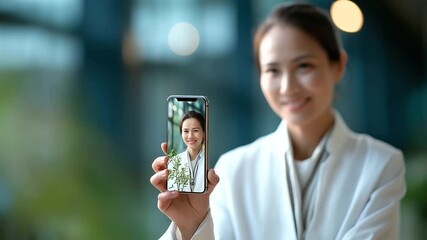 Anti aging health care specialist live advice session on mobile device faceless Asian woman defocused modern background diet weight loss guidance digital virtual coaching