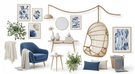 Photo of boho chic interior design inspiration with rattan hanging chair and blue accents