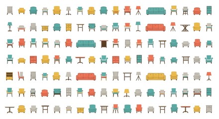 Photo of collection of pixel art furniture including chairs, sofas, tables, and lamps on white