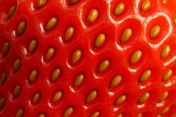 Closeup of red strawberry texture with seeds attached showing detailed natural fruit surface background