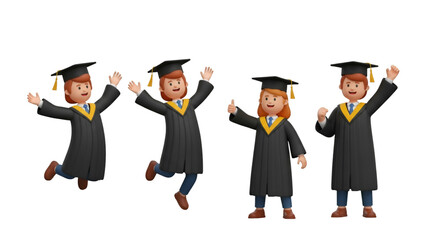 Young Man Graduating University Jumping Happy Cartoon Character