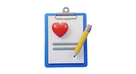 3D clipboard with heart and pencil on white