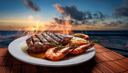 delicious surf and turf featuring steak and grilled shrimp enhanced for high fidelity visuals