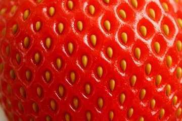 Closeup of red strawberry texture with seeds attached showing detailed natural fruit surface background