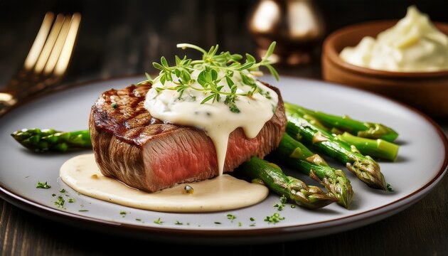 delicious steak with bearnaise sauce and asparagus presented in high fidelity image quality